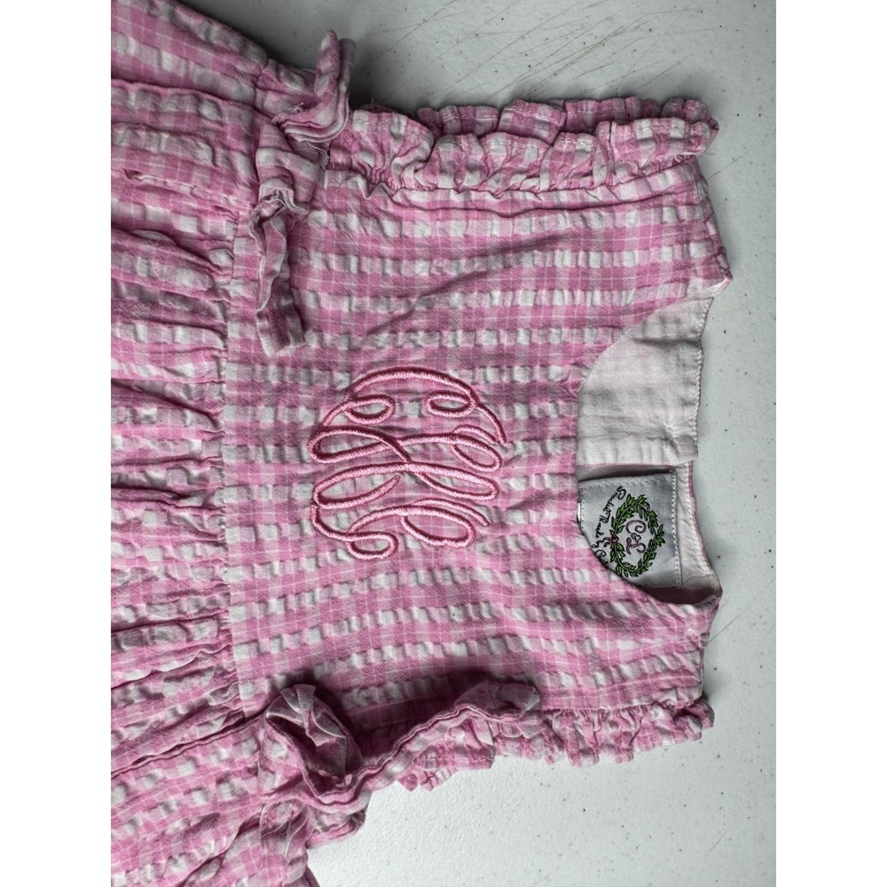Cecil and Lou Toddler Girls Pink Gingham Seersucker Monogram Ruffle Dress 24M - Picture 2 of 6